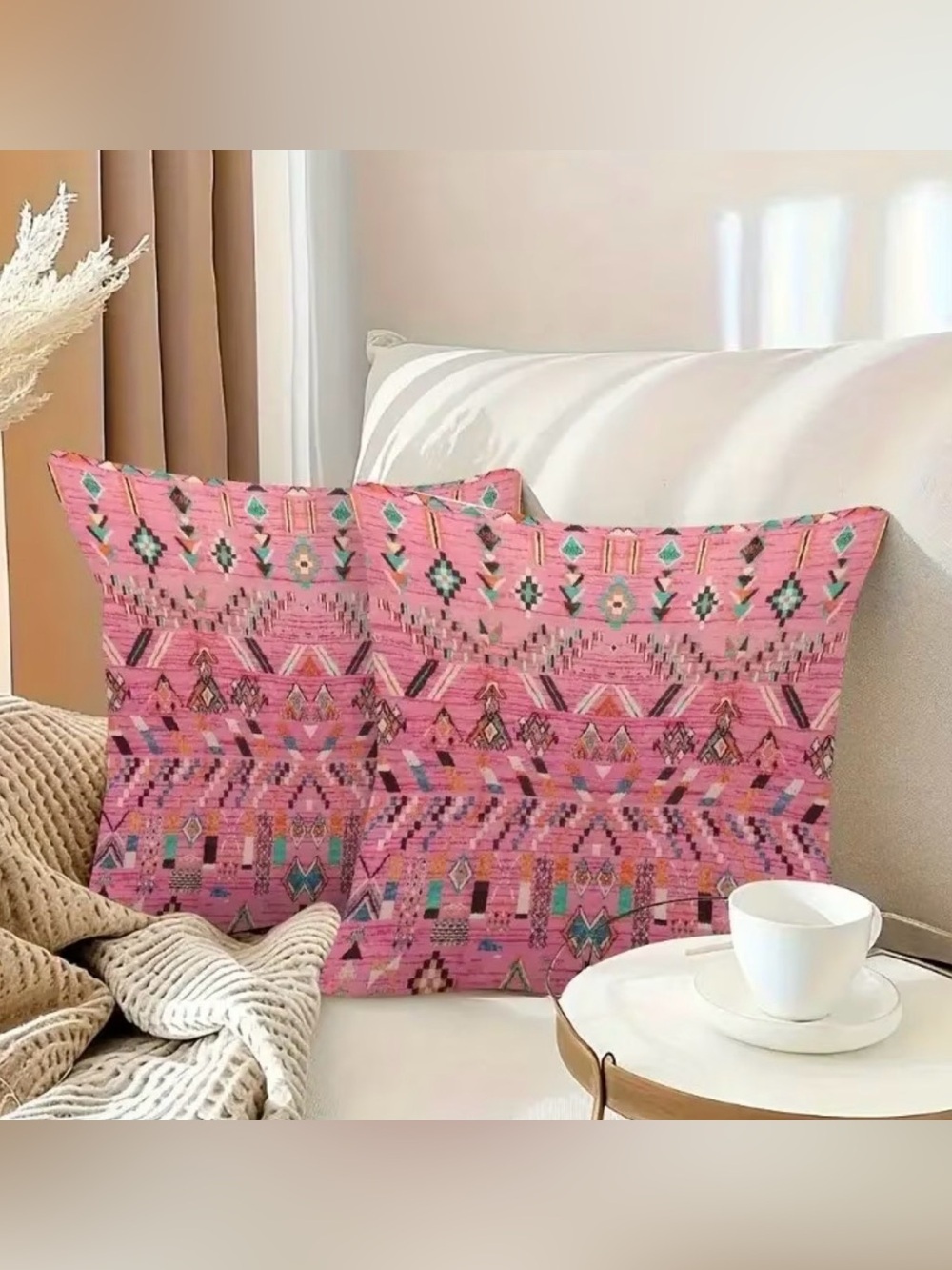 Boho Pink Aztec Pillow Covers Set Of Two (2) Size 20x20 Southwest Tribal Decor